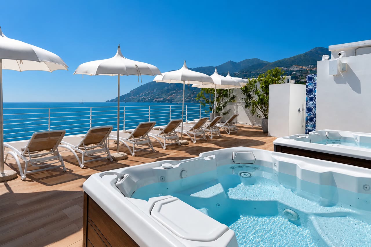 Solarium con vasche idromassaggio e vista mare